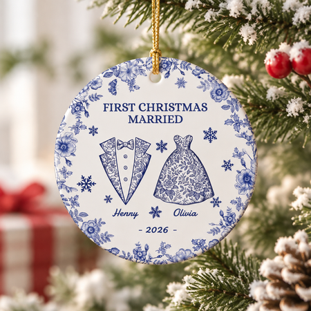 Custom Personalized Ceramic Ornament with Blue Floral Wedding Design 9EP9B