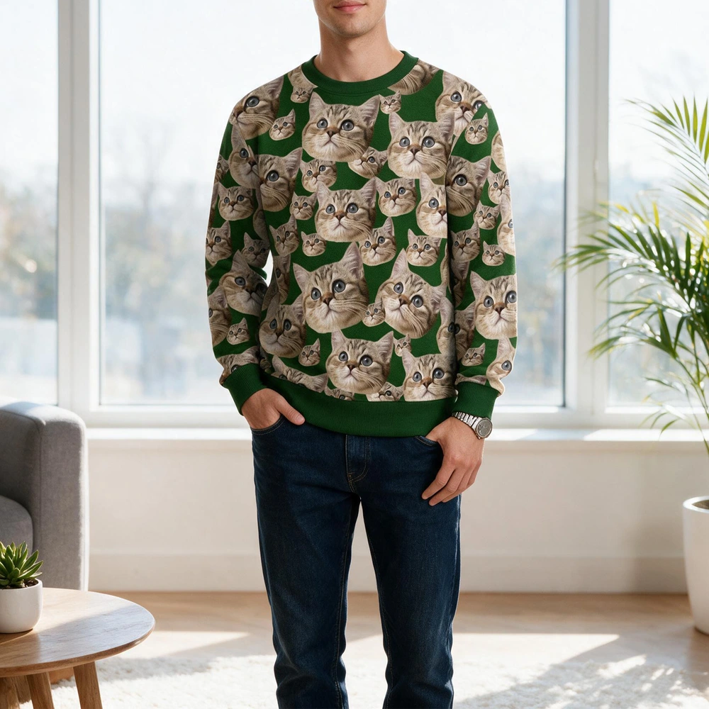 Custom Photo Upload Sweater with Cat Faces X0HEY