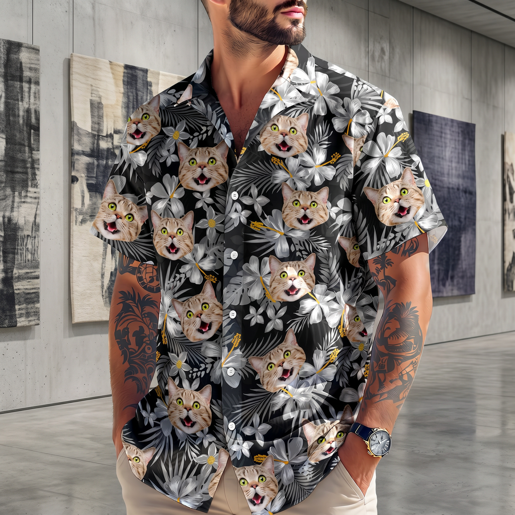 Custom Photo Funny Cat Family Tropical Hawaiian Shirt