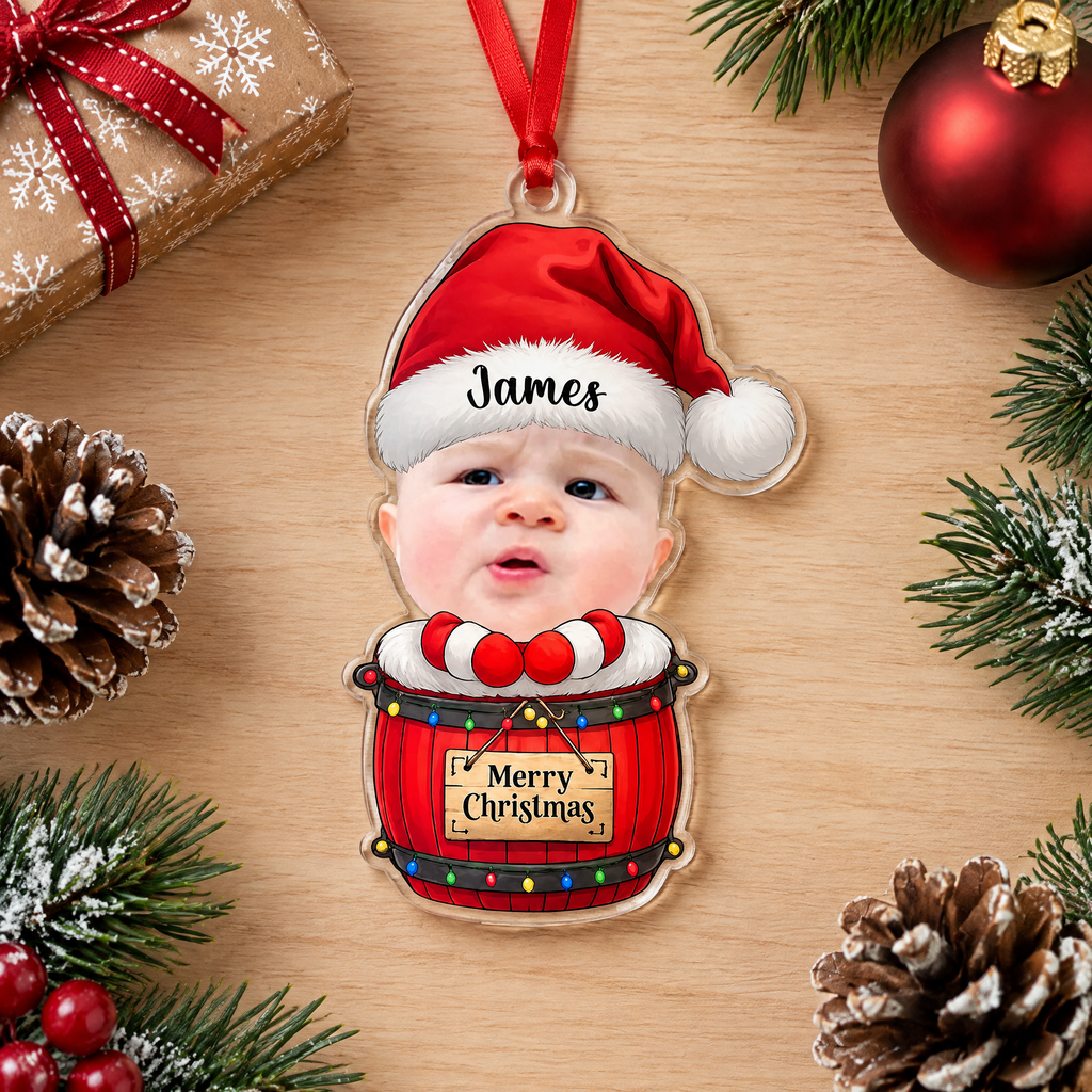 Custom Photo Acrylic Ornament with Santa Hat & Merry Christmas SS9CV