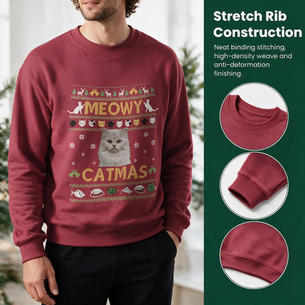 Custom Photo Upload Meowy Catmas Ugly Christmas Sweatshirt H50KQ