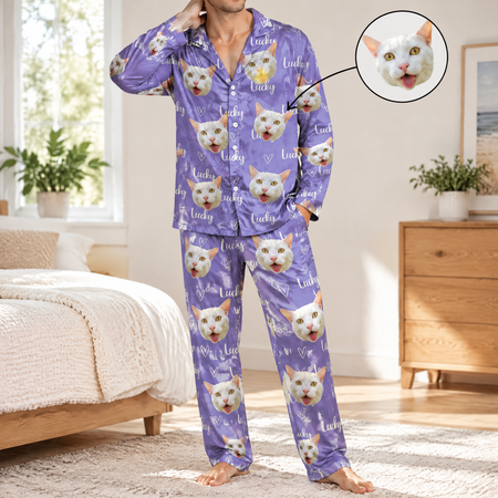 Custom Photo Upload Pajamas with Cat Faces and Hearts TQTOX