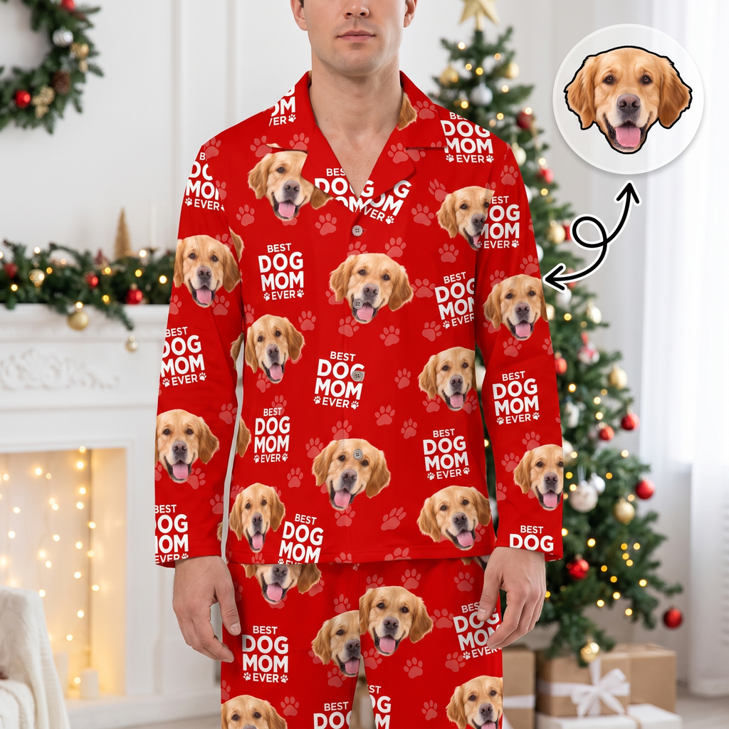 Custom Photo Upload Pajama Set with Best Dog Mom Ever & Paw Prints E9Q4M