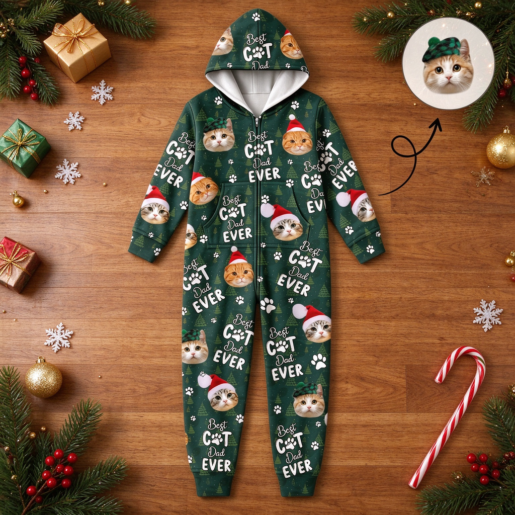 Custom Photo Upload Onesie Pajamas - Best Cat Dad Ever Christmas YAX4H