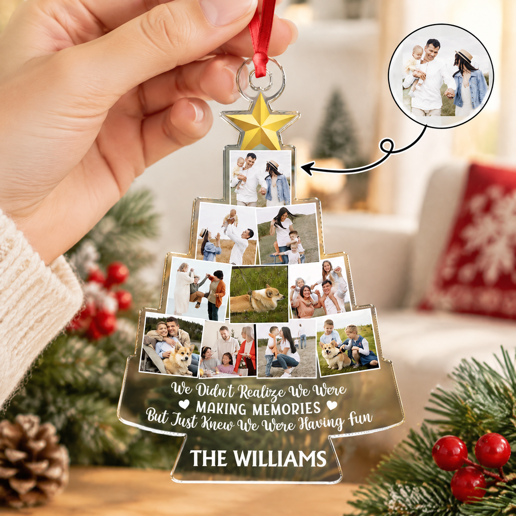 Custom Photo Upload Acrylic Ornament with Christmas Tree & Gold Star HC646