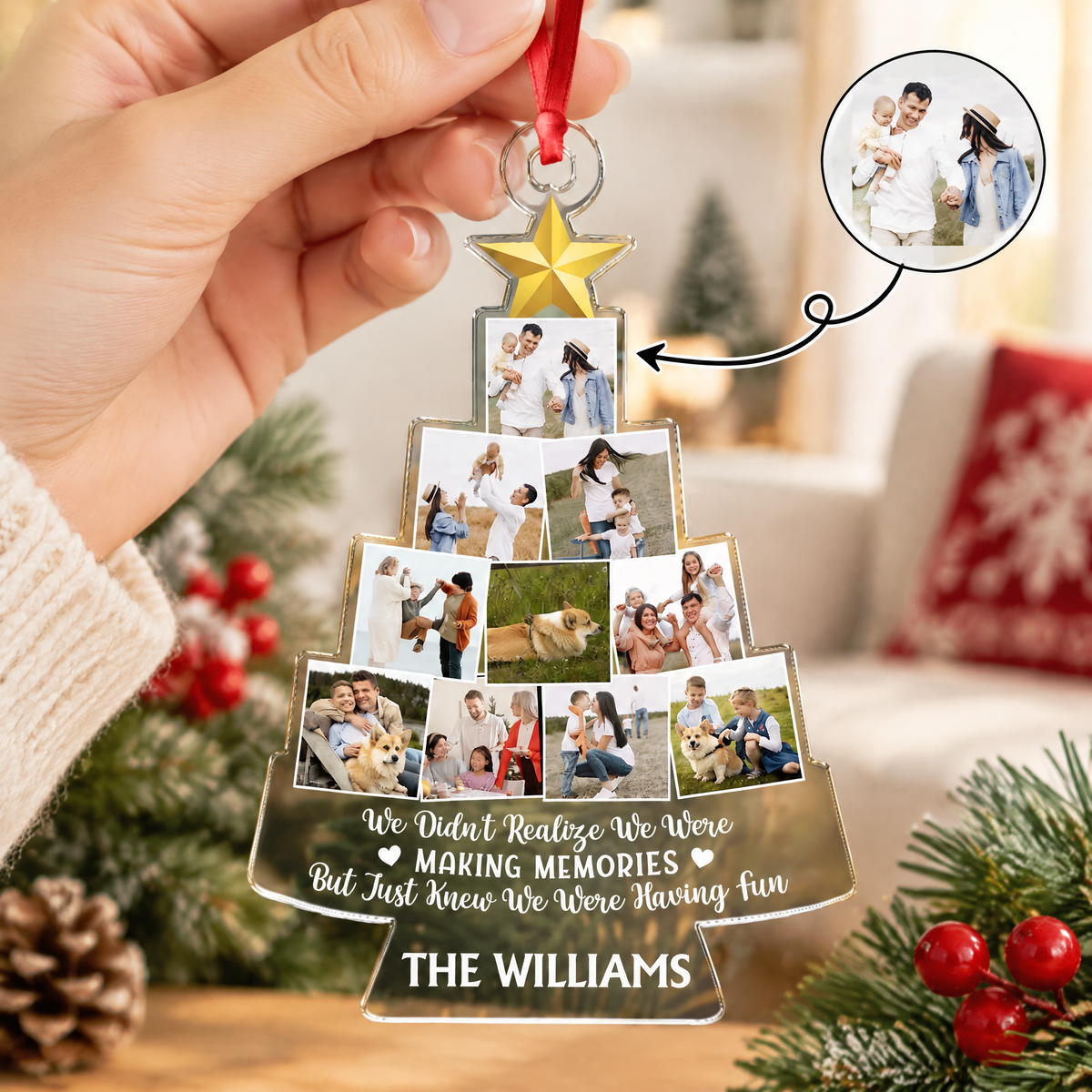 Custom Photo Upload Acrylic Ornament with Christmas Tree & Gold Star HC646