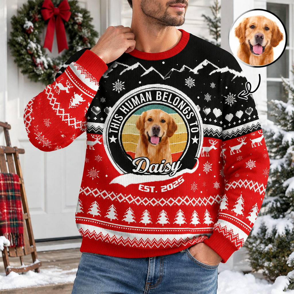 Custom Photo Upload This Human Belongs To Ugly Christmas Sweater 7W29T