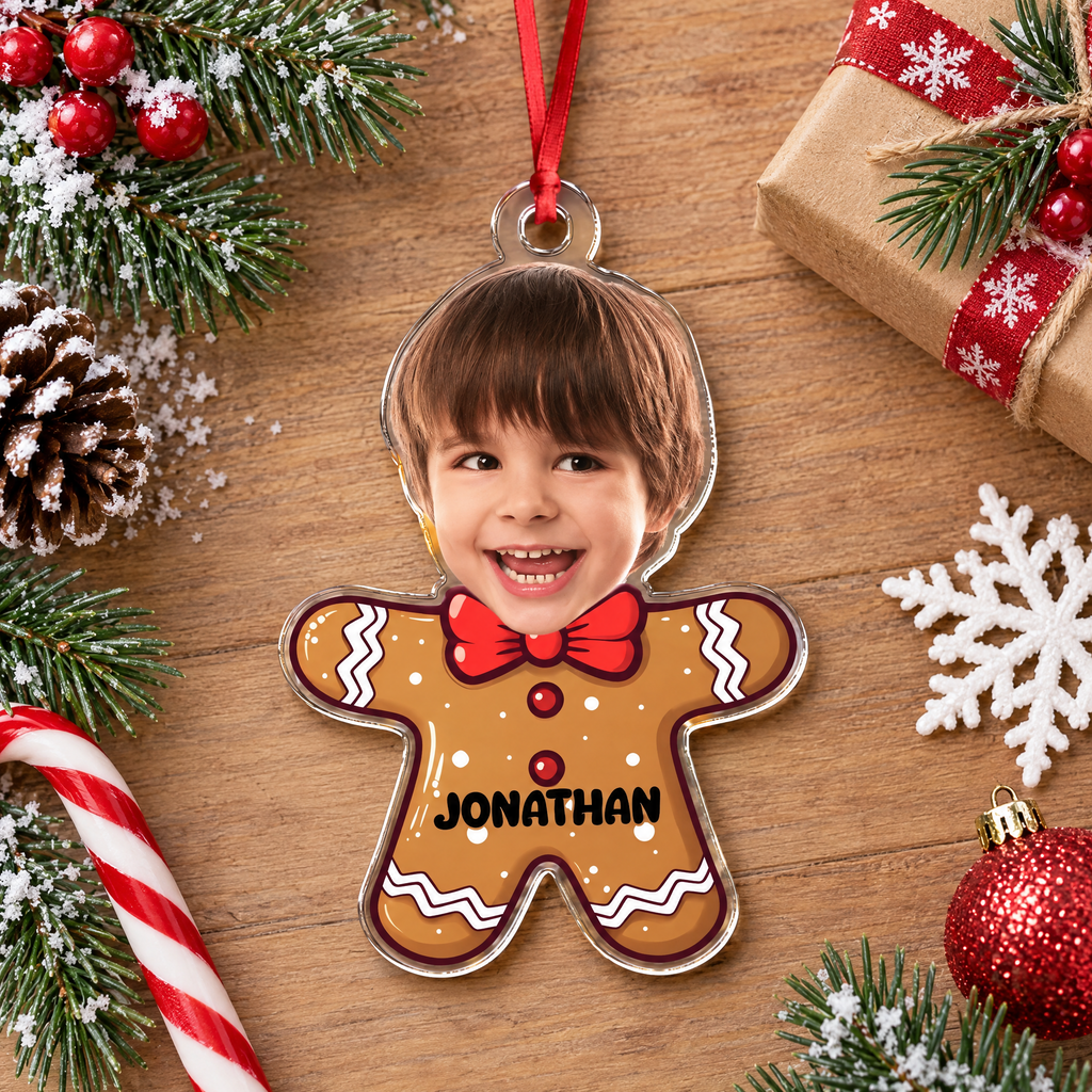 Custom Photo Upload Acrylic Ornament with Gingerbread Man Design VVZA7