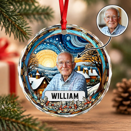 Custom Photo Upload Round Shaped Glass Ornament with Winter Village Scene PLSM2