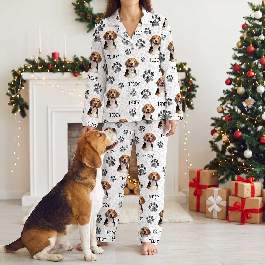 Custom Photo Upload Pajamas with Cat Portraits and Paw Prints 9JSU8