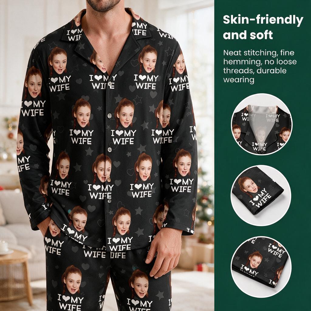Custom Photo Upload I Love My Wife Pajamas with Hearts and Stars NVZJN