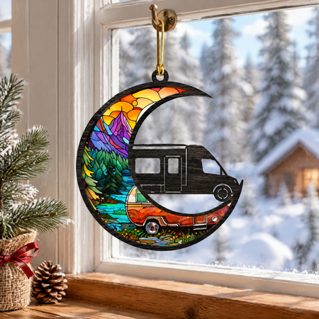 Custom Personalized Wood Ornament with Stained Glass Camper Design AWAZS