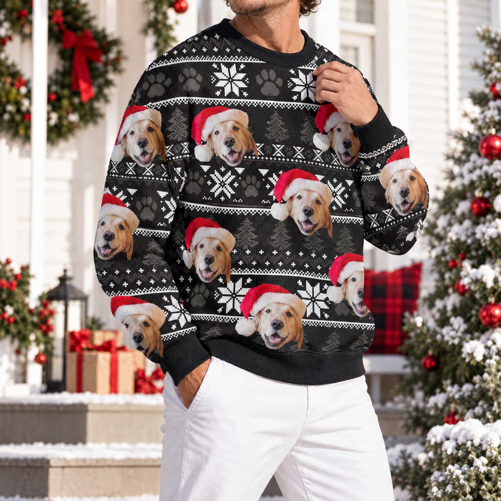 Custom Photo Upload Christmas Sweater with Dogs in Santa Hats KQAAE