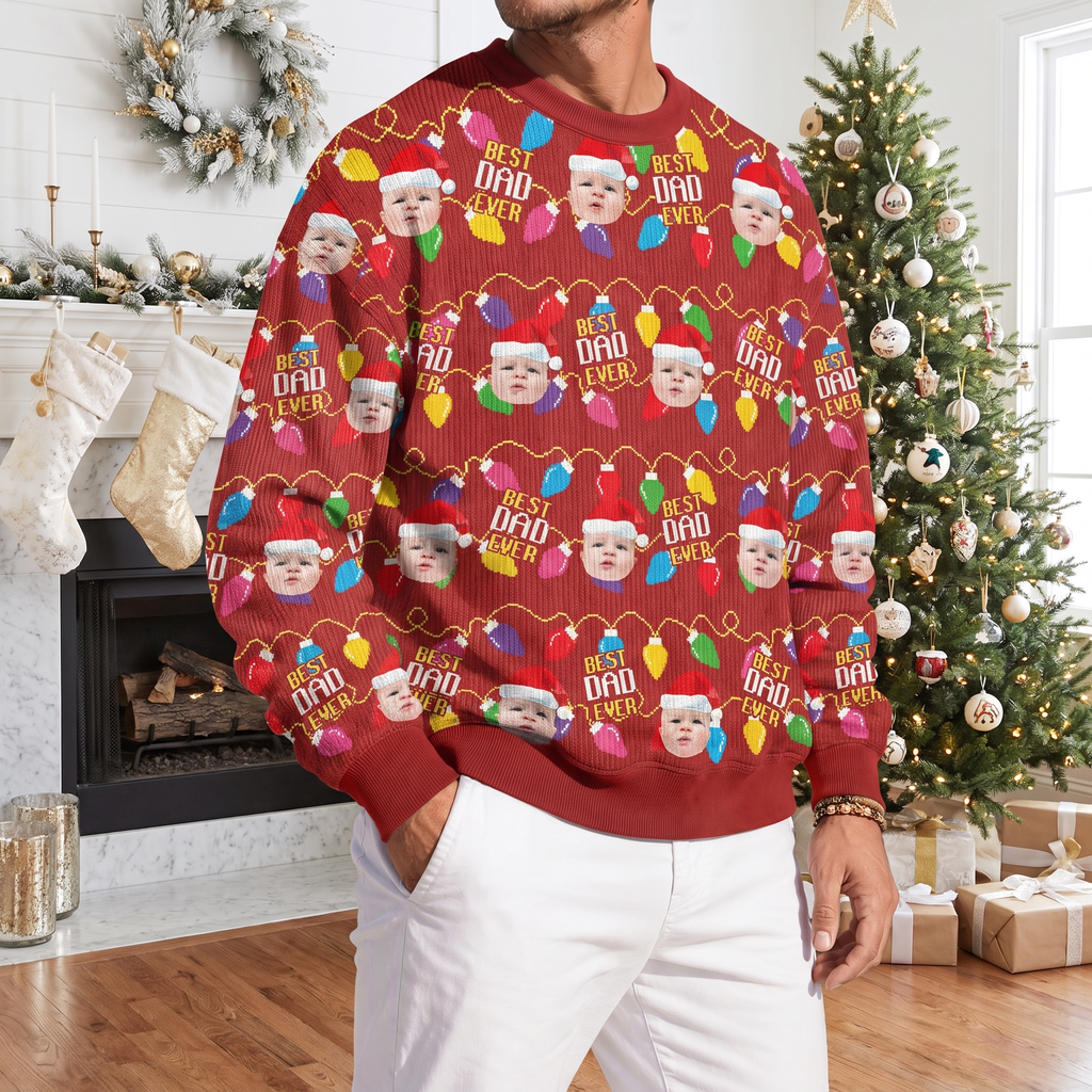 Custom Photo Upload Sweater with Best Dad Ever & Christmas Lights NCW46