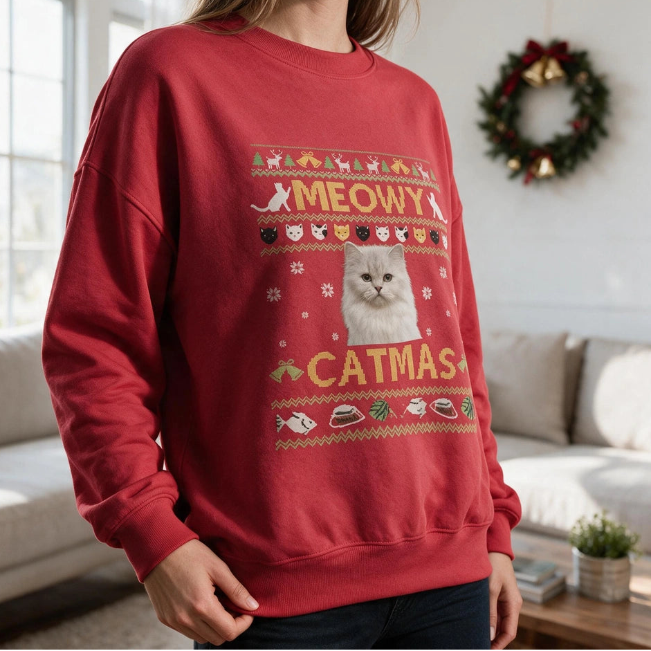 Custom Photo Upload Meowy Catmas Ugly Christmas Sweatshirt H50KQ