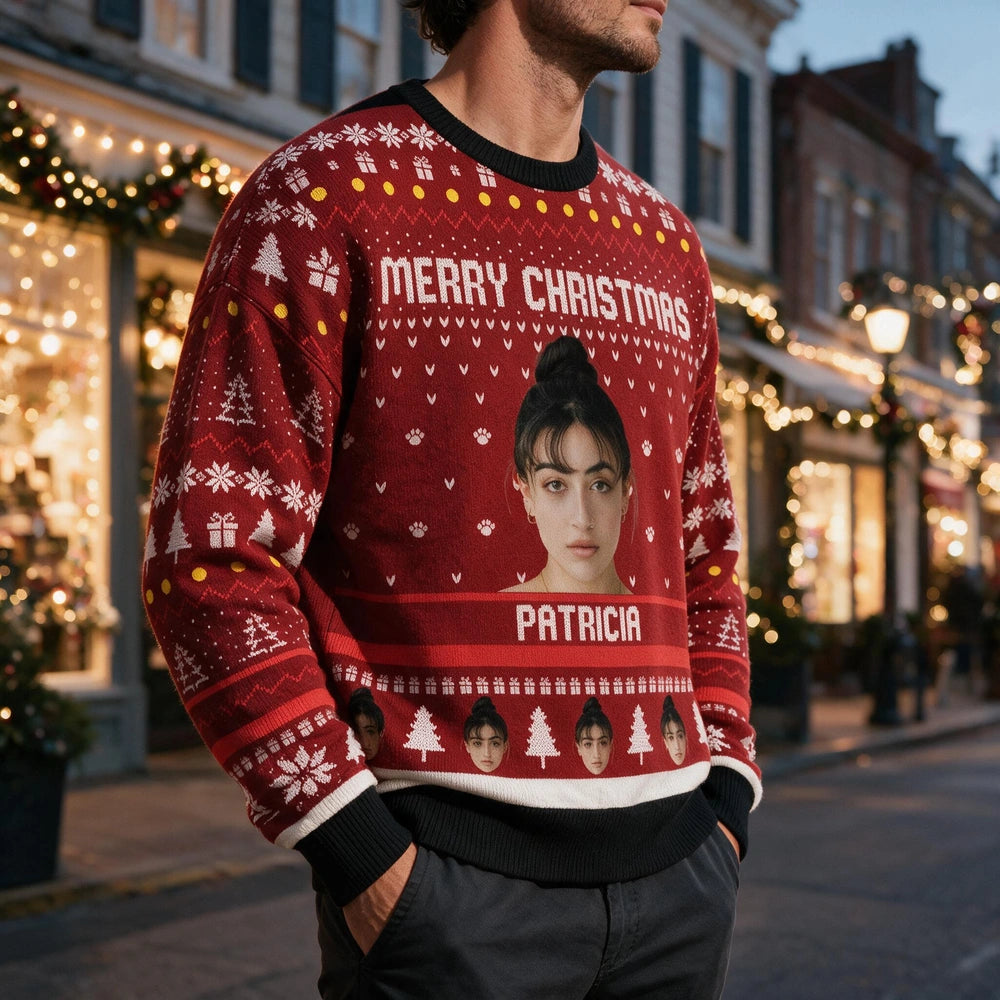 Custom Photo Upload Merry Christmas Sweater with Festive Pattern U73QM