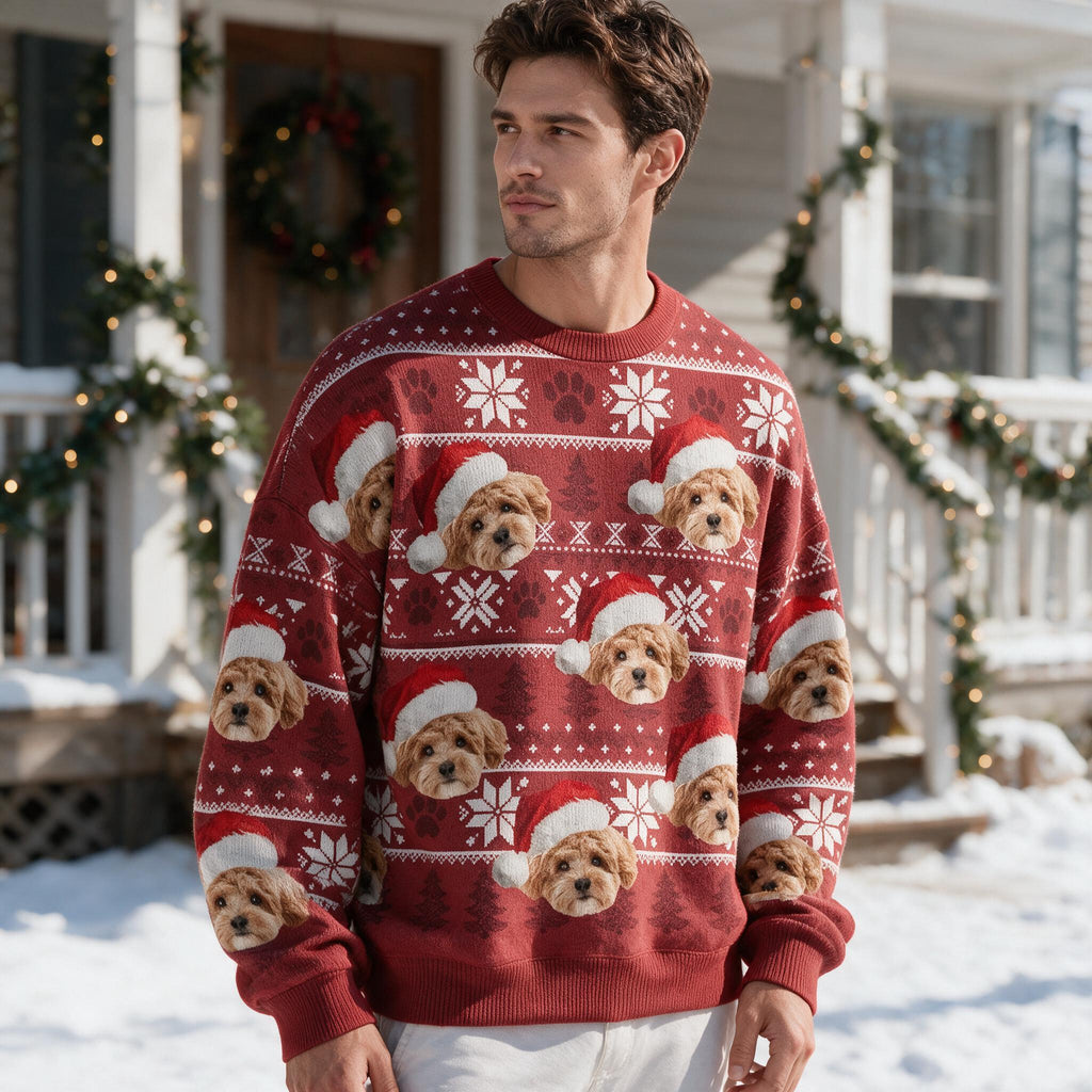 Custom Photo Upload Christmas Sweater with Dogs in Santa Hats KQAAE