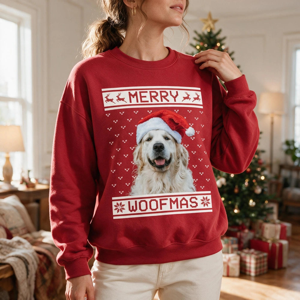 Custom Photo Upload Merry Woofmas Sweatshirt with Reindeer & Snowflakes YJ52U