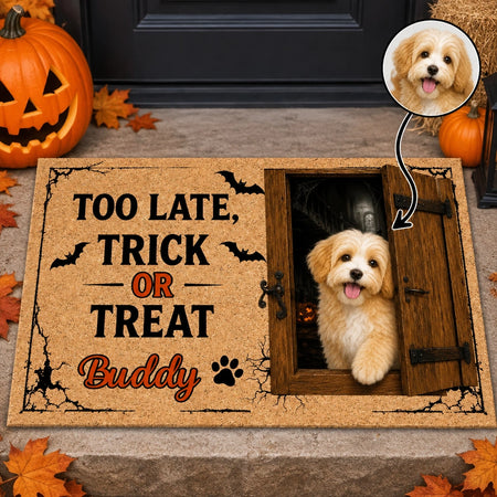 Custom Photo Upload Doormat with Too Late Trick or Treat & Bats 85B79
