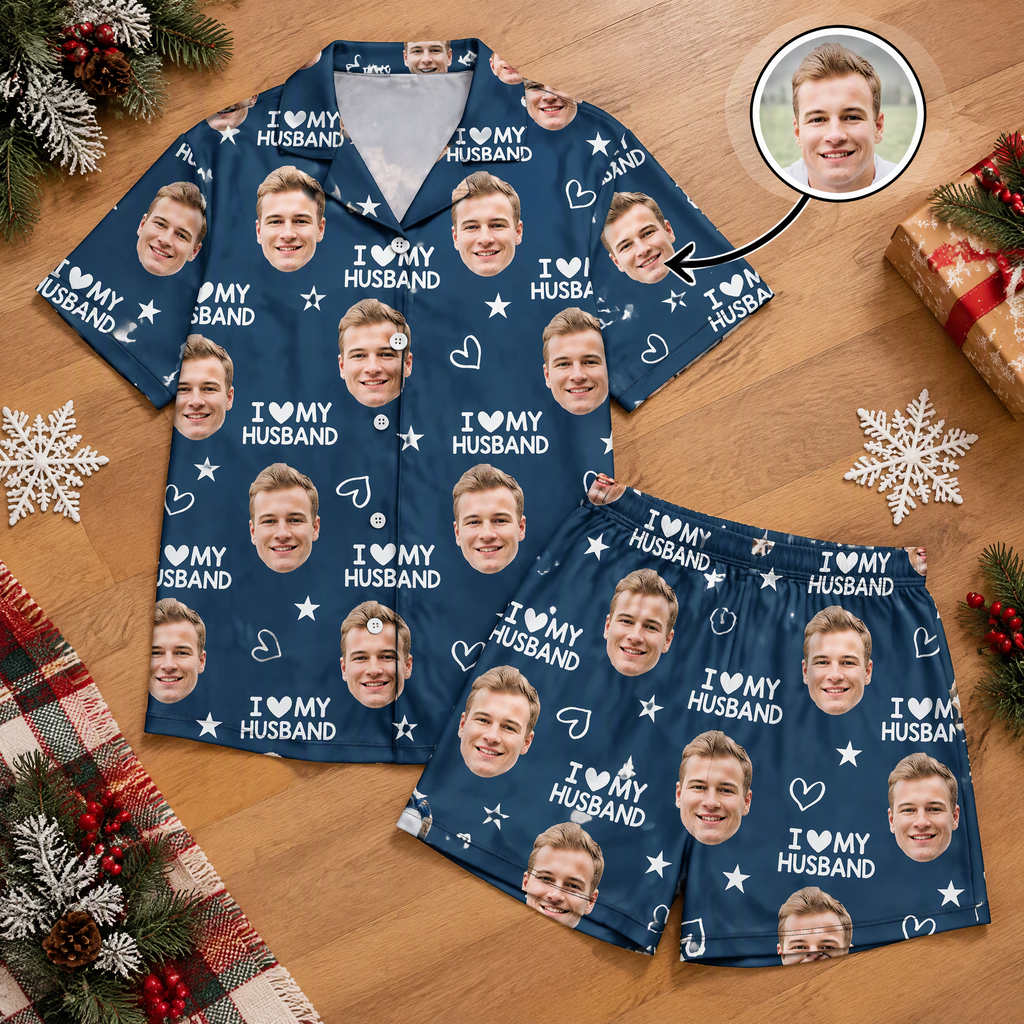 Custom Photo Upload Pajama Set with I Love My Husband Text & Stars DB9VM