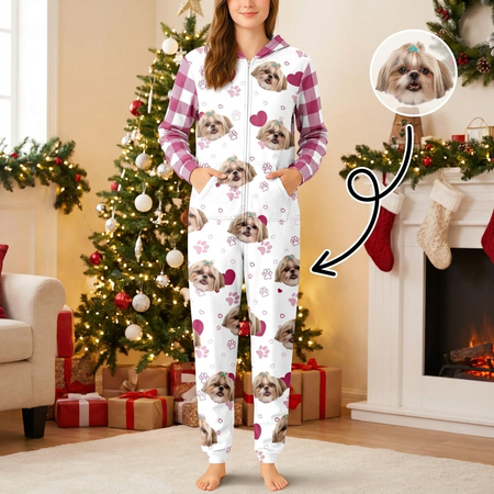 Custom Photo Upload Onesie Pajamas with Buffalo Plaid & Paw Prints XV0PN