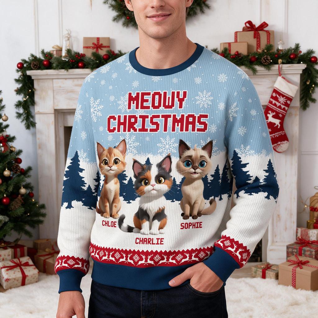 Custom Personalized Meowy Christmas Sweater with Cats & Snowflakes JF6VR
