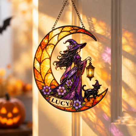 Custom Photo Suncatcher with Witch on Crescent Moon & Black Cat X6Z3S