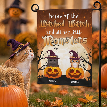 Custom Personalized Garden Flag with Halloween Cats & Pumpkins C53A9