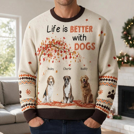 Custom Photo Sweater with Life is Better with Dogs Fall Tree TL9I6