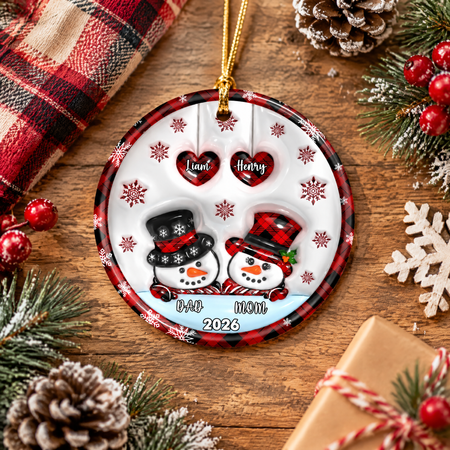 Custom Personalized Ceramic Ornament with Snowman Couple & Buffalo Plaid JGS8G