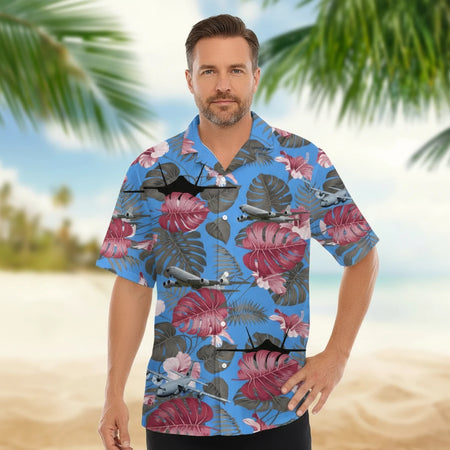 Custom Photo Hawaiian Shirt with Aircraft & Tropical Hibiscus Flowers main product photo