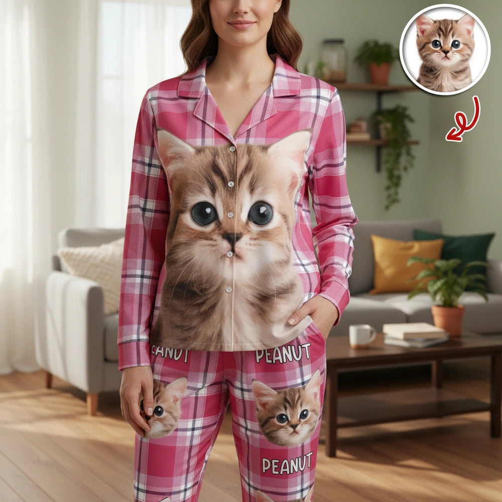 Custom Photo Upload Pajamas with Pink Plaid Pattern main product photo