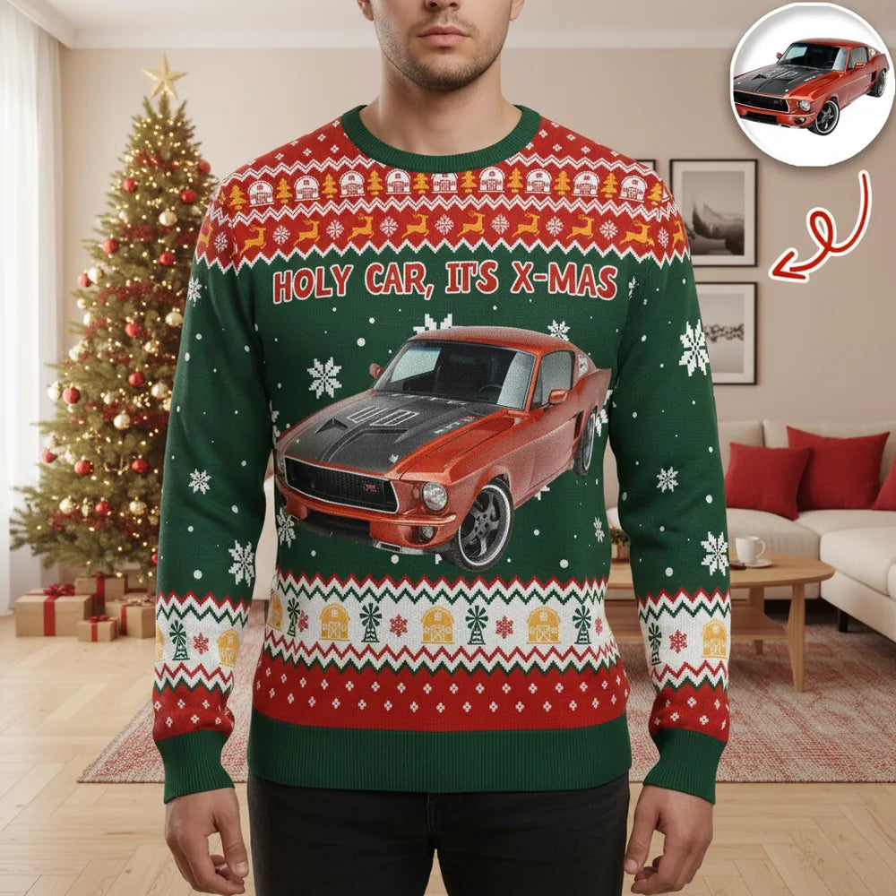 Custom Photo Upload Holy Car It's X-Mas Ugly Christmas Sweater main product photo