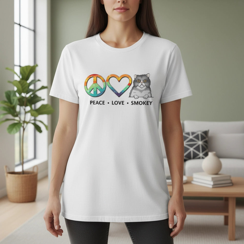 Custom Photo Upload T-Shirt with Peace Love Smokey Cat Graphic main product photo