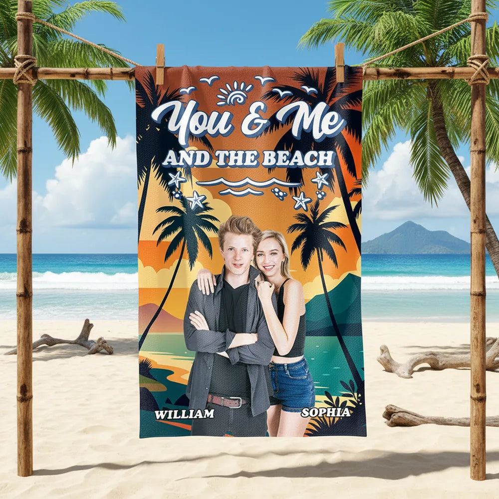 Custom Photo Upload Beach Towel with You & Me and the Beach Sunset main product
