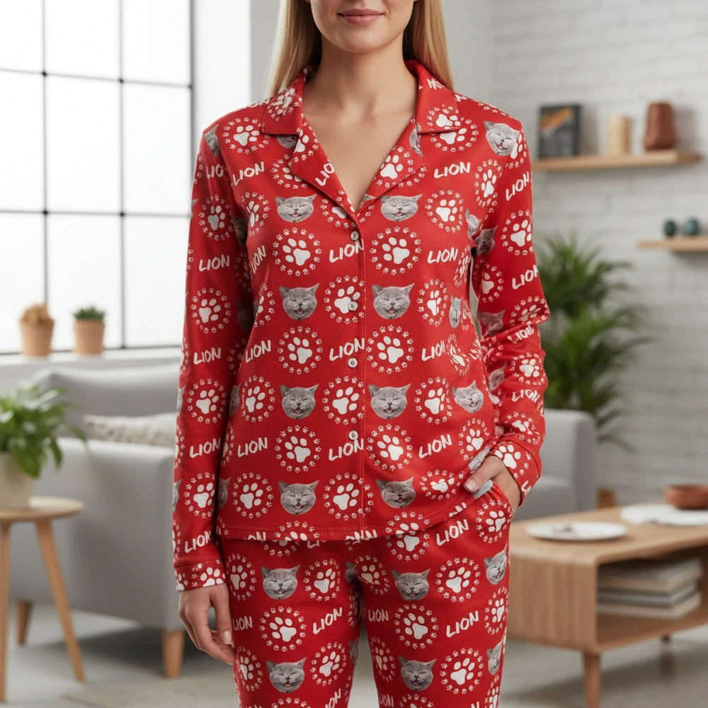 Custom Photo Upload Pajamas with Cat Face & Paw Print Pattern main product photo