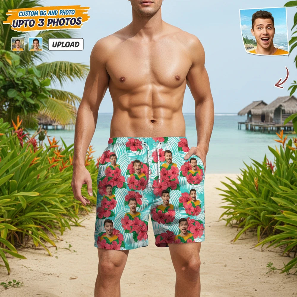 Custom Photo Upload Beach Shorts with Hibiscus Flowers main product photo