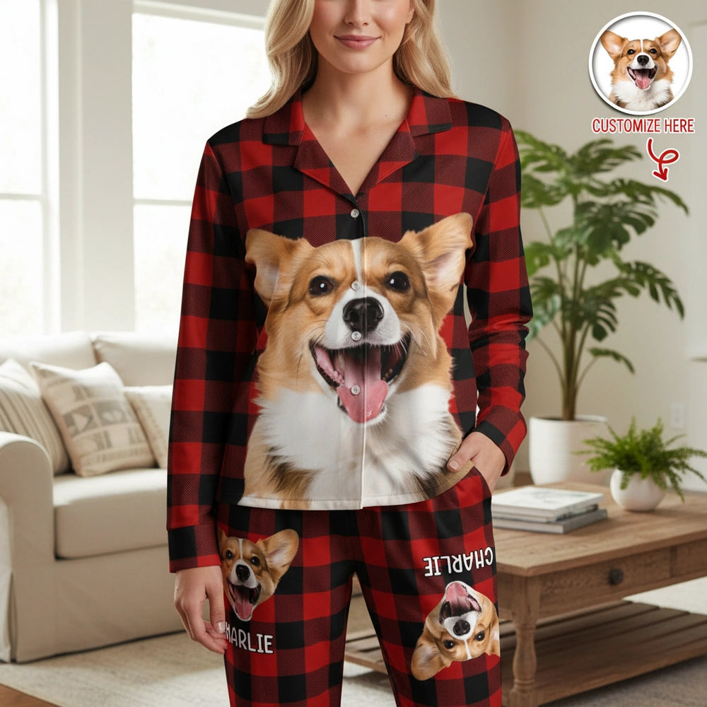 Custom Photo Upload Buffalo Plaid Pajamas with Corgi main product photo
