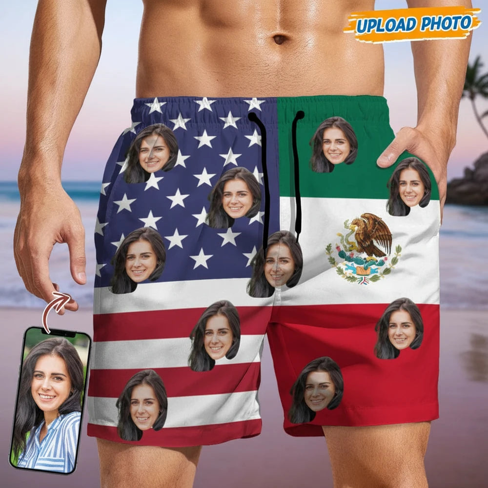 Custom Photo Upload Beach Shorts with American and Mexican Flags main product photo