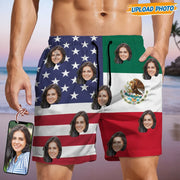 Custom Photo Upload Beach Shorts with American and Mexican Flags main product photo