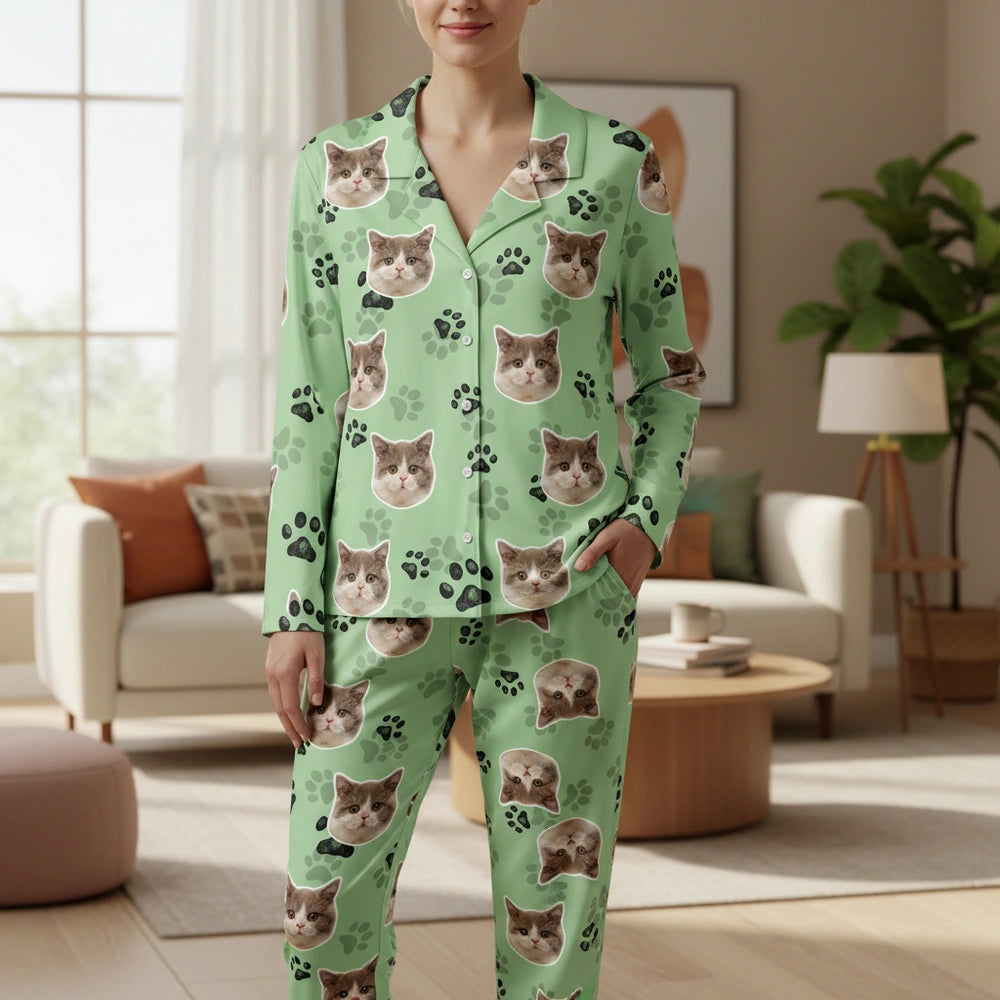 Custom Photo Upload Pajamas with Cat Faces and Paw Prints main product photo