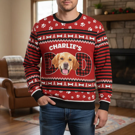 Custom Photo Upload Dog Dad Sweater with Paw Prints & Buffalo Plaid main product photo