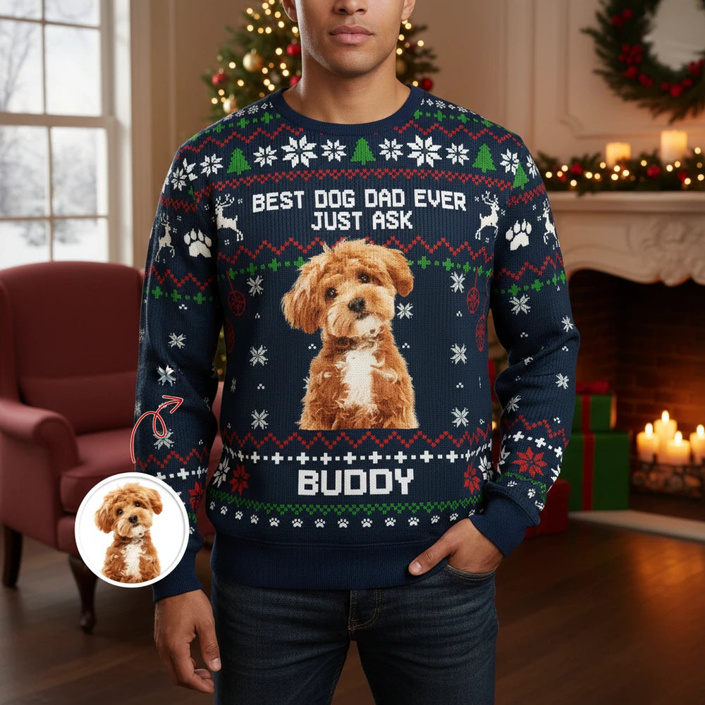 Custom Photo Upload Best Dog Dad Ever Ugly Christmas Sweater main product photo