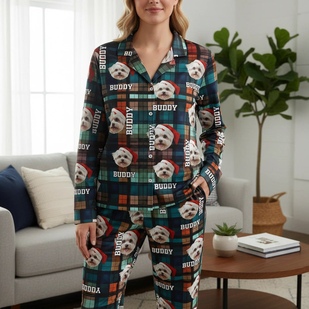 Custom Photo Upload Pajamas with Dog Faces on Plaid Pattern main product photo