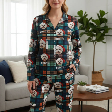 Custom Photo Upload Pajamas with Dog Faces on Plaid Pattern main product photo
