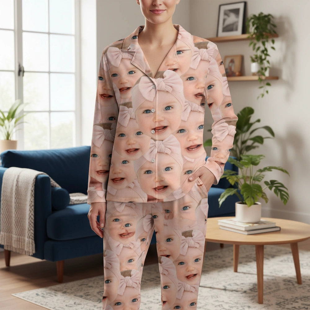 Custom Photo Upload Pajamas with Baby Faces and Pink Bows main product photo