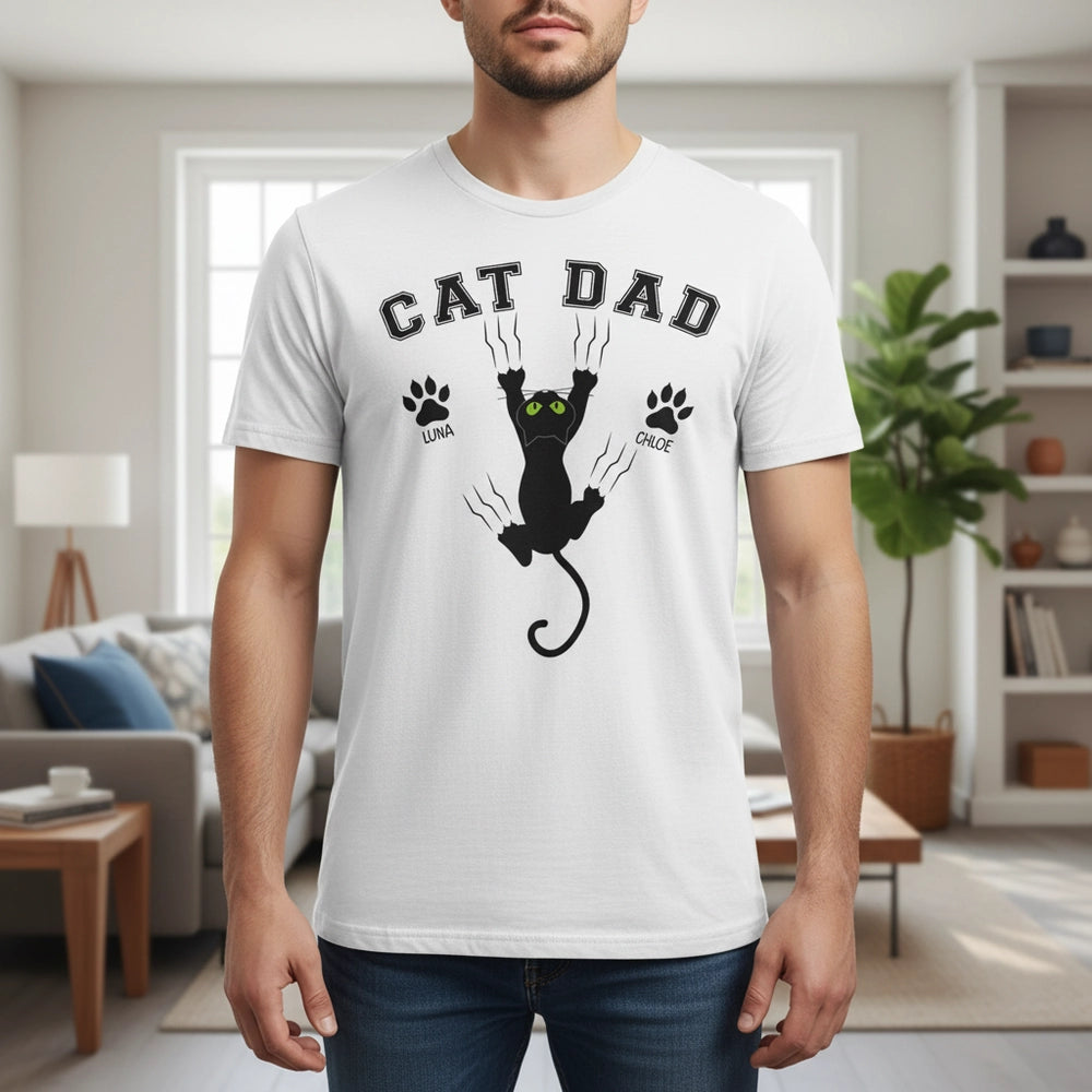 Custom Personalized Cat Dad T-Shirt with Paw Prints & Scratching Cat main product photo