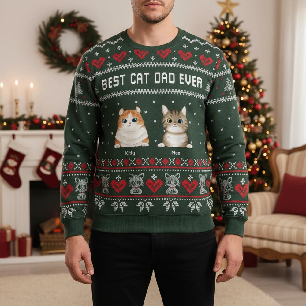 Custom Photo Sweater Best Cat Dad Ever with Ugly Christmas Pattern main product photo