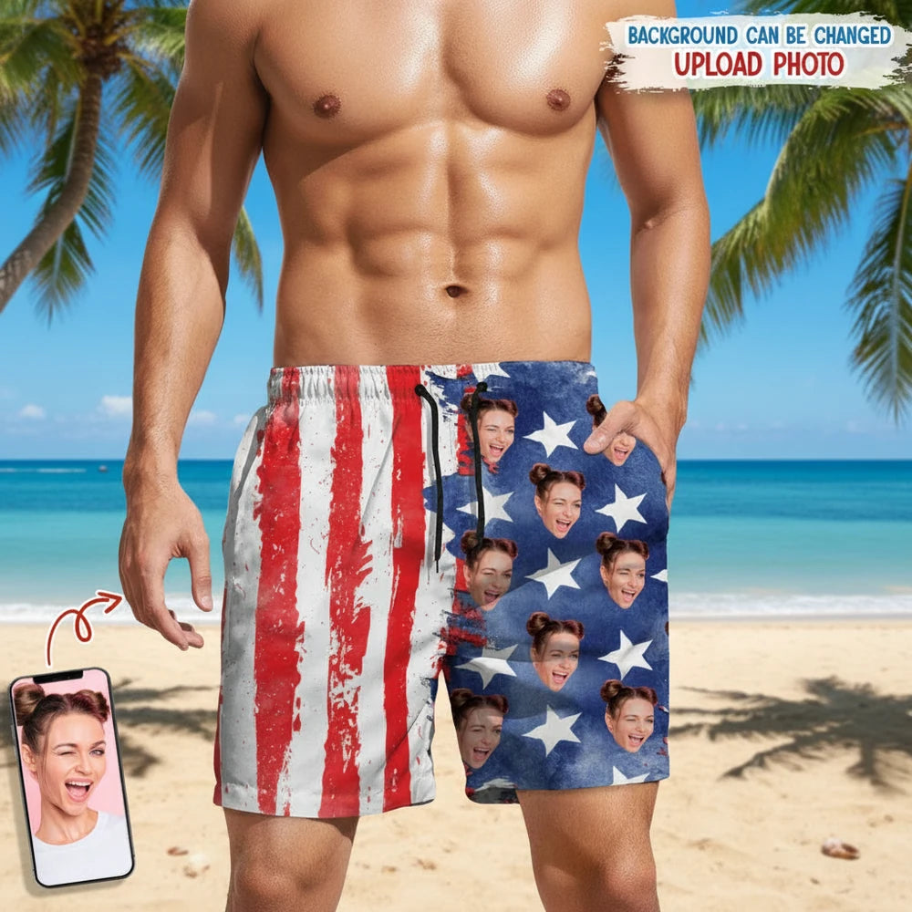 Custom Photo Upload Beach Shorts with American Flag & Stars main product photo