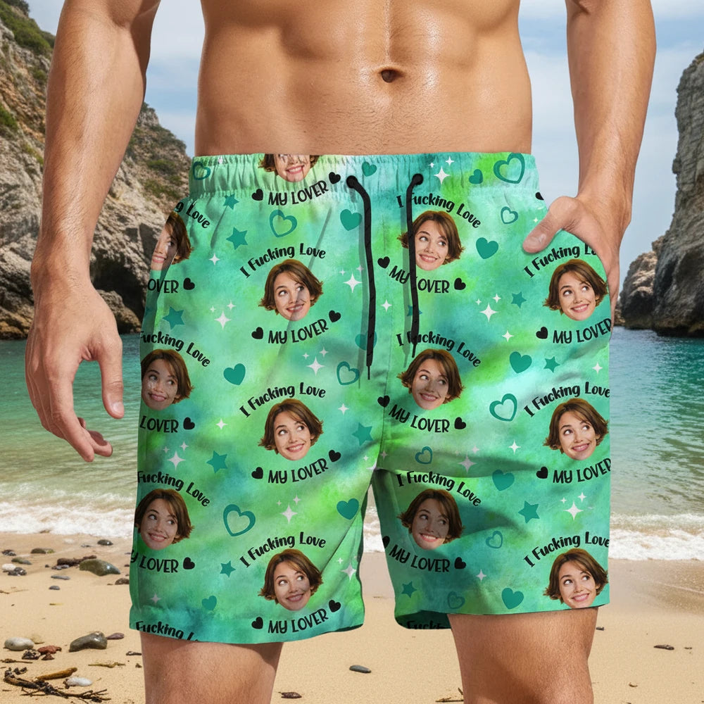 Custom Photo Upload Beach Shorts with Hearts and Stars Pattern main product photo